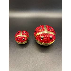Retired Ladybug Metal Enamel Red Swarovski Crystals Keepsake Trinket Boxes Pair